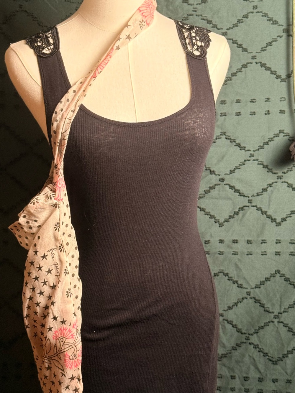 Free People Black Ribbed Tank with Lace Back
